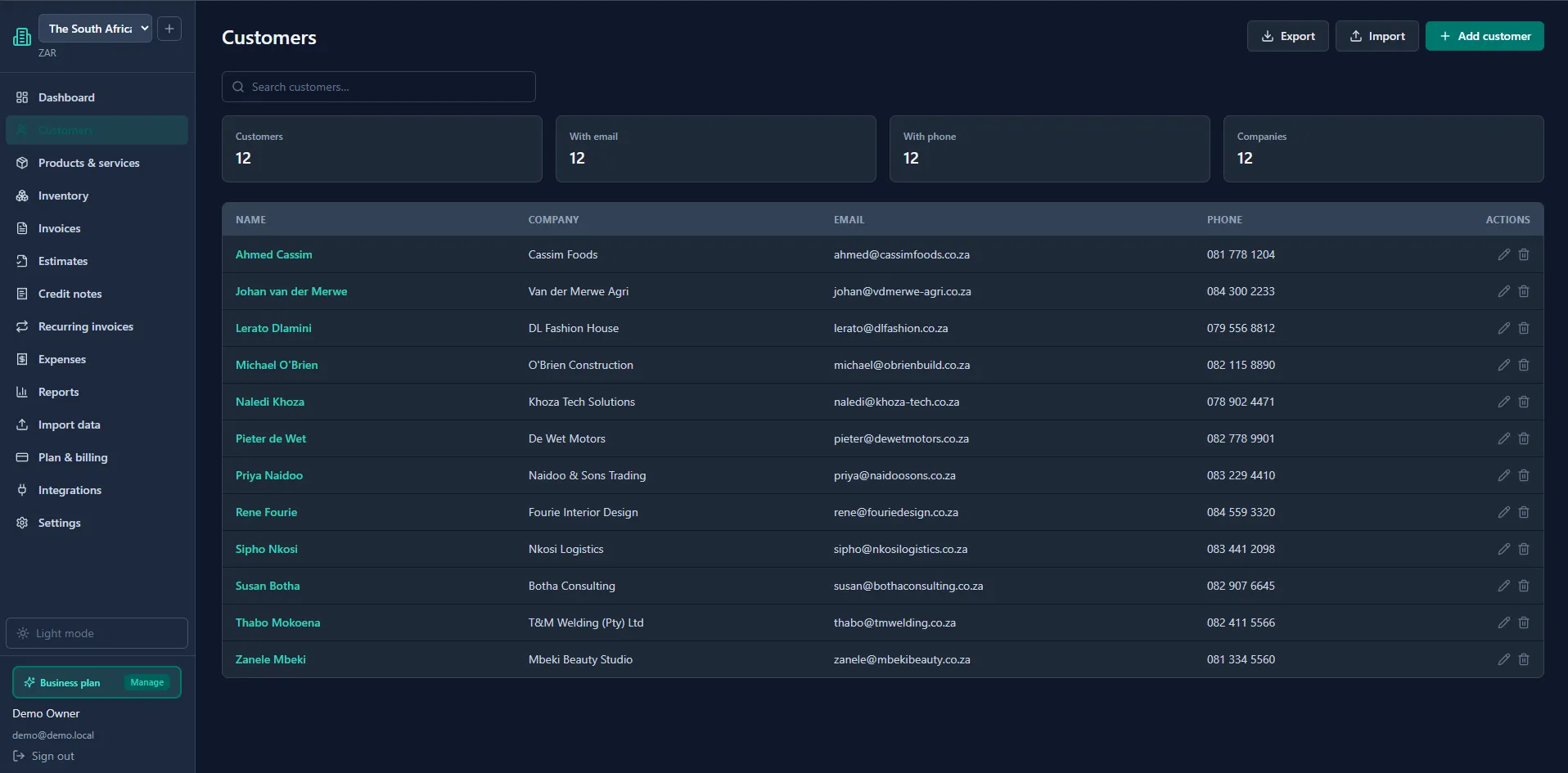 Customers screen