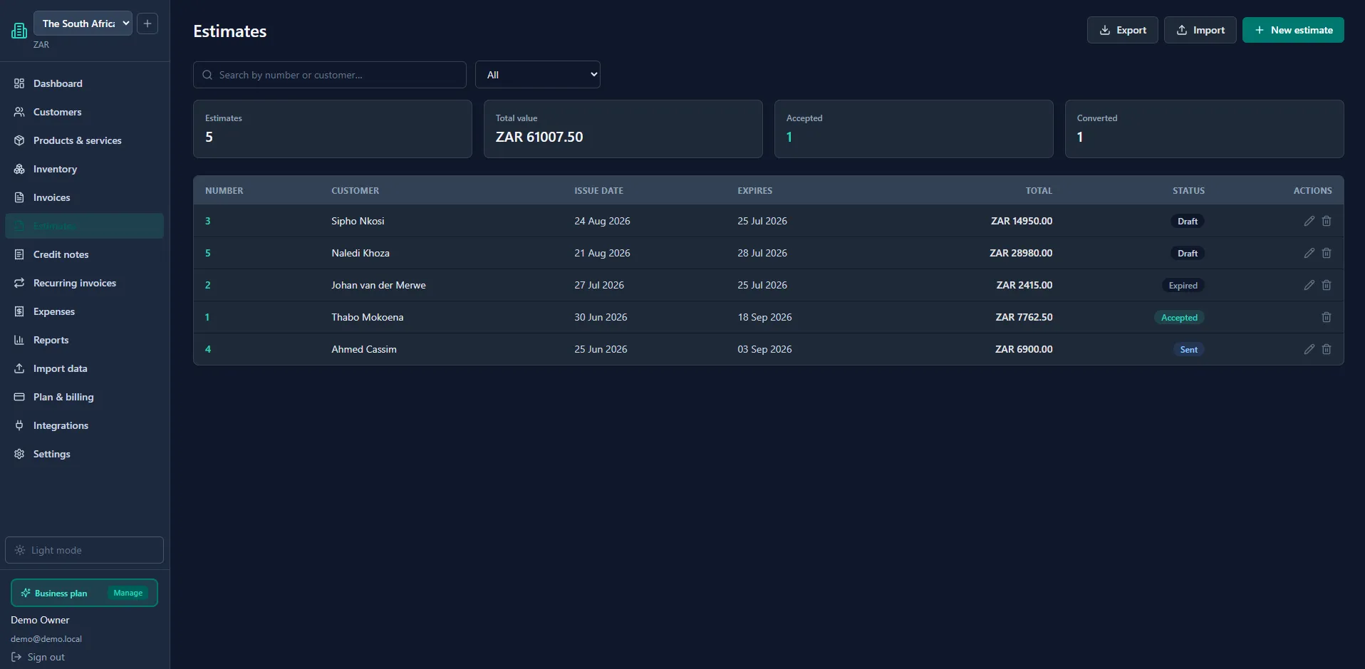 Estimates screen