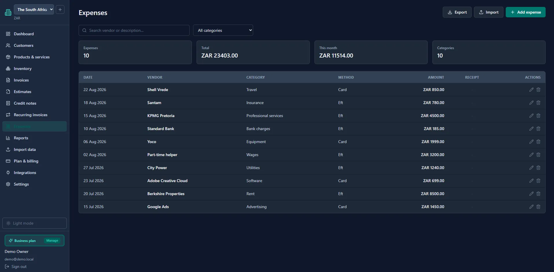 Expenses screen