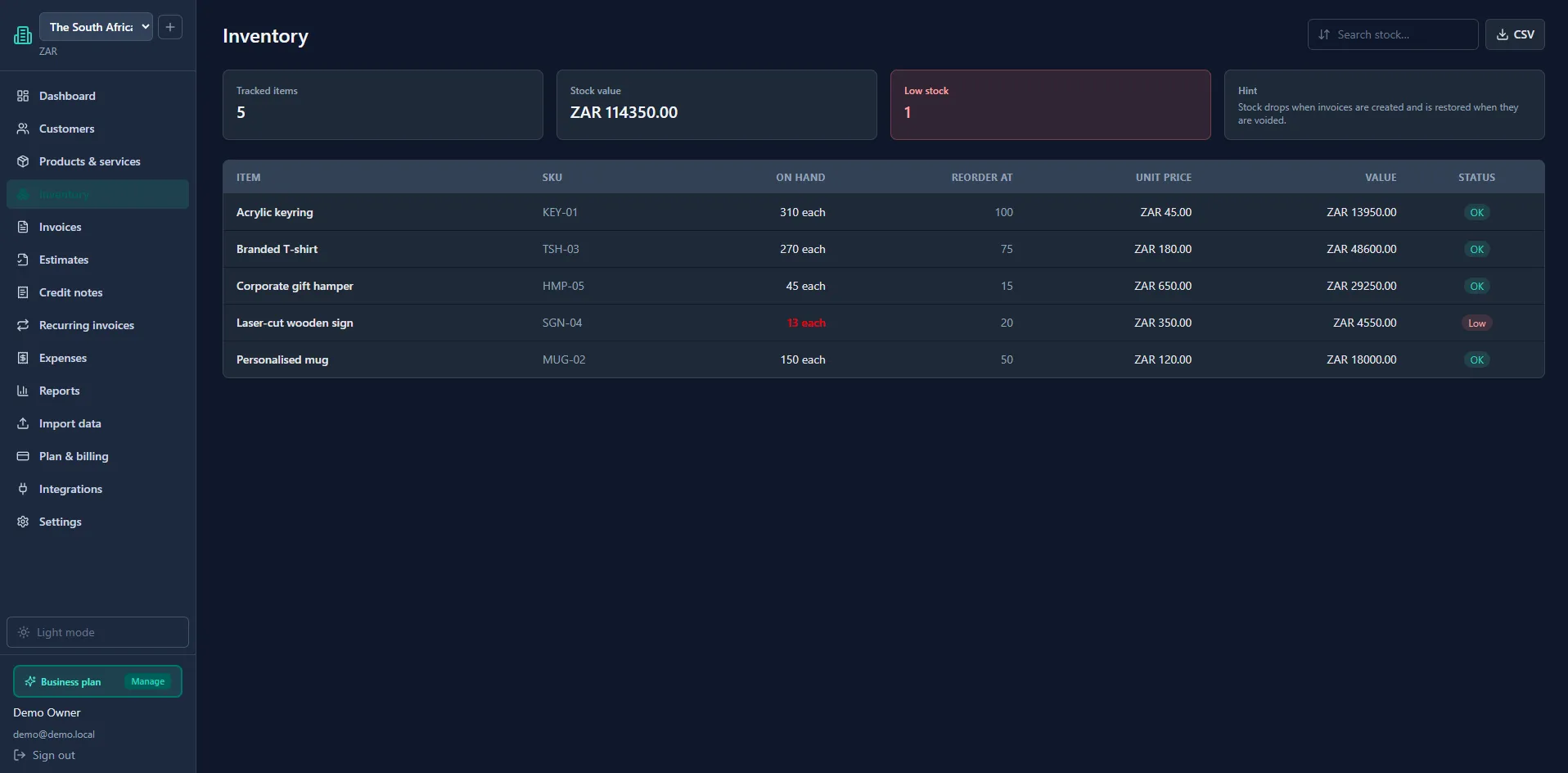 Inventory screen