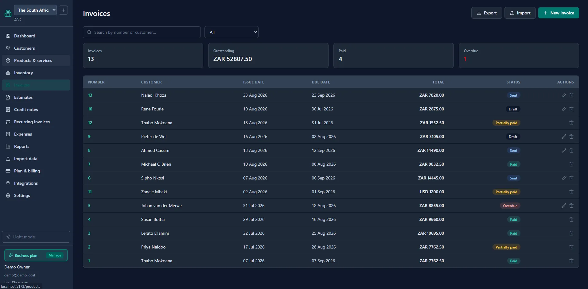 Invoices screen