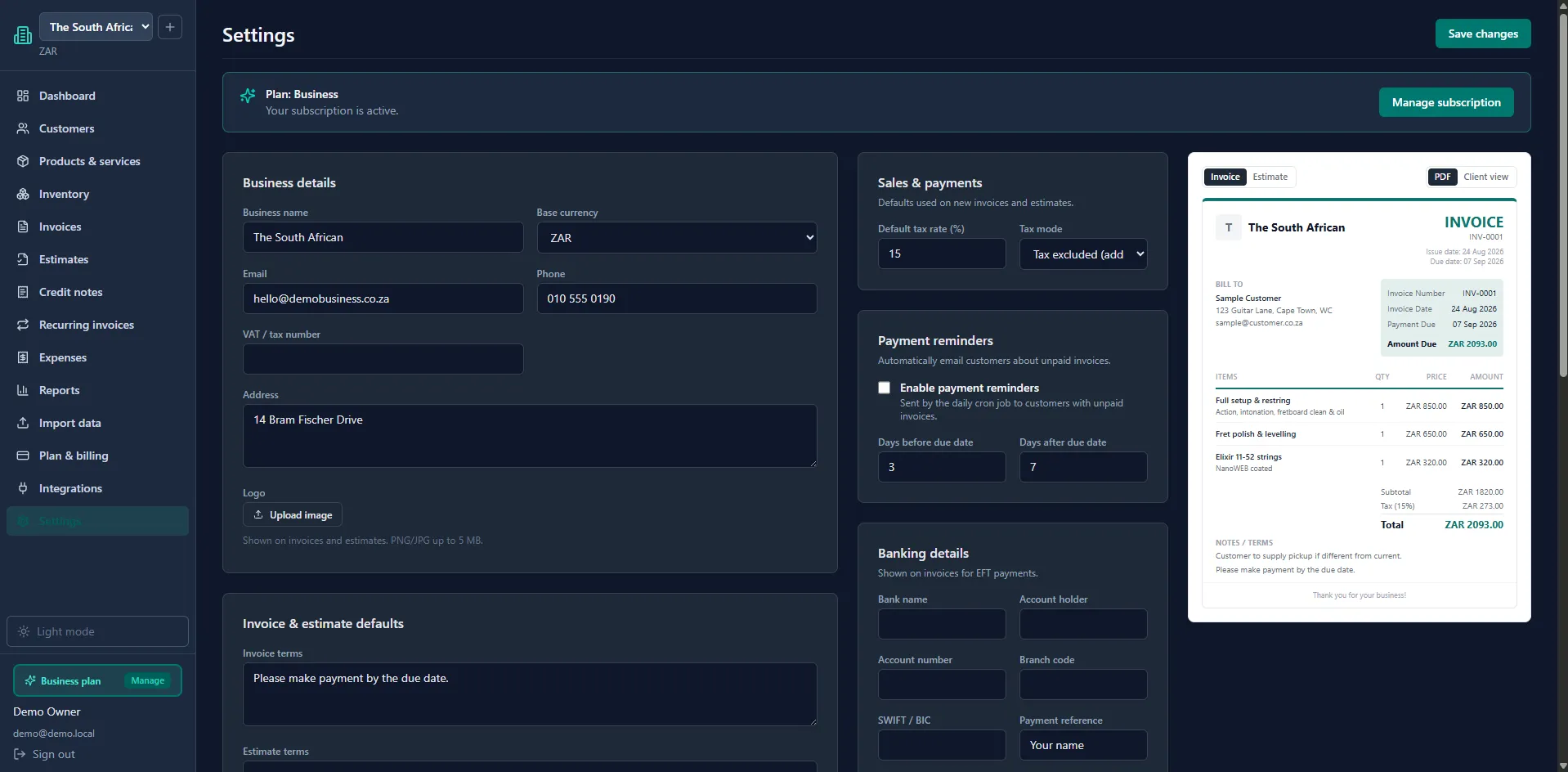 Settings screen